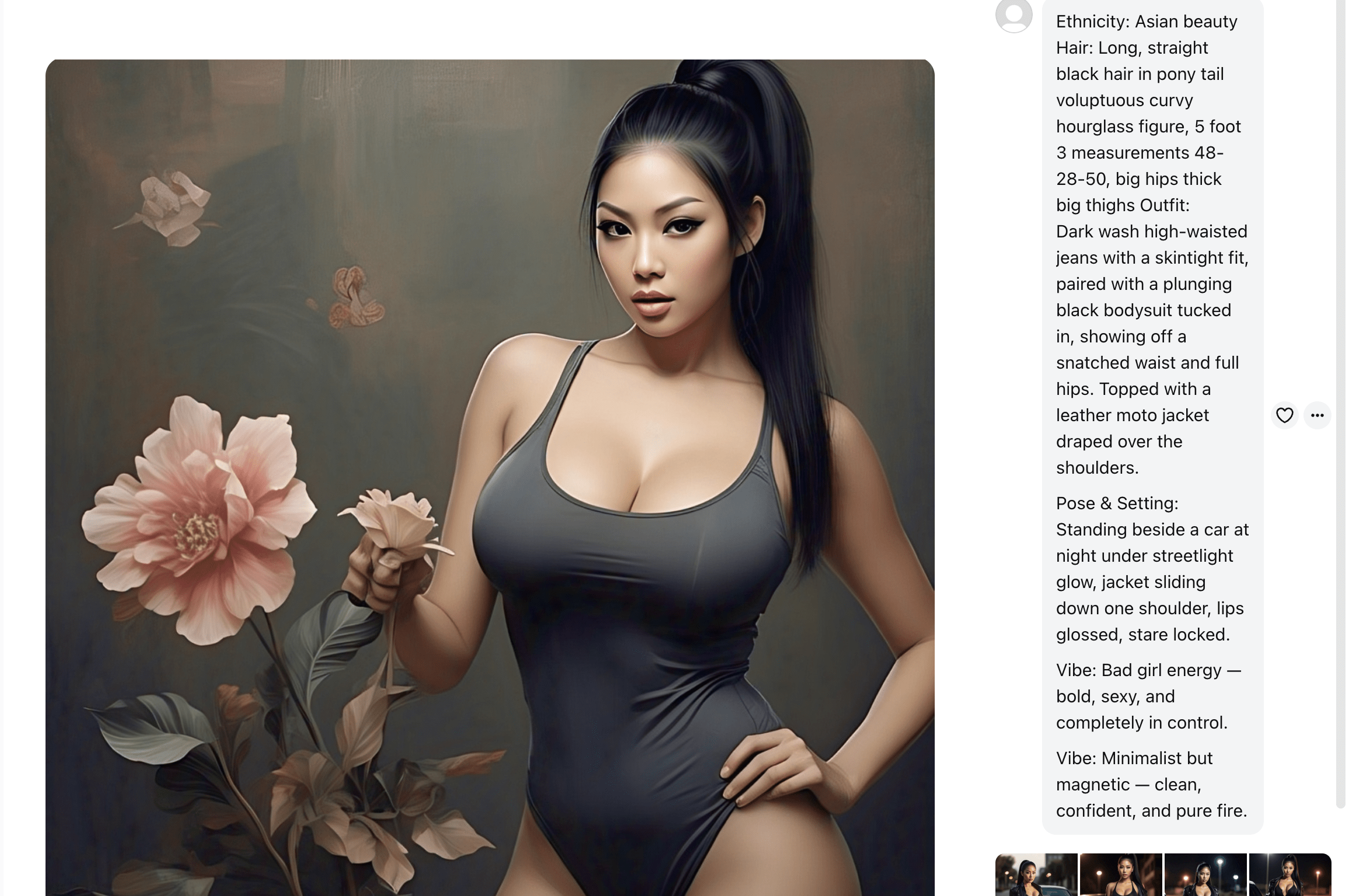 Screenshot of an Meta AI prompt asking to create a “sultry Asian beauty exuding bad girl energy at night”
